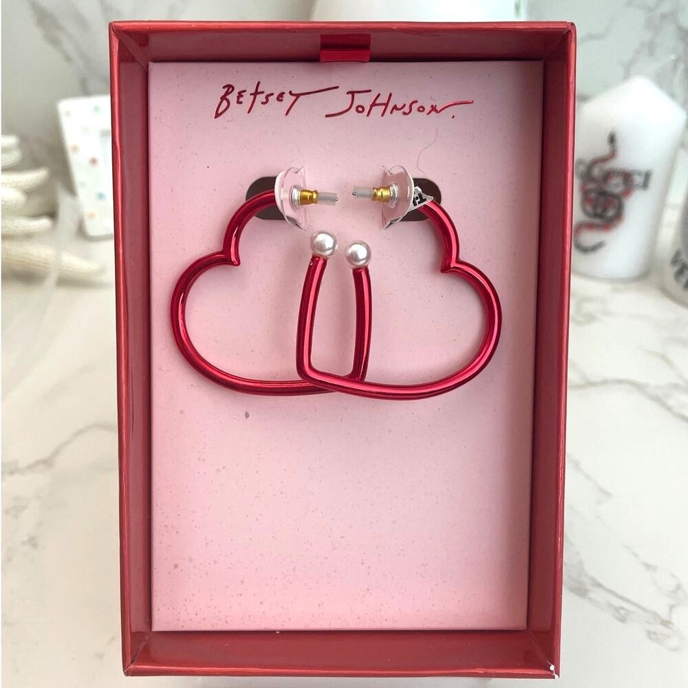 Betsey Johnson Red Metallic Open Heart Hoops, White Faux Pearl NWT